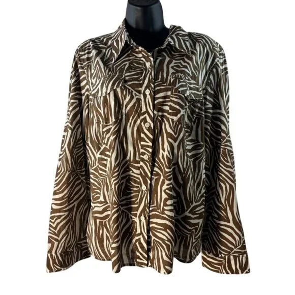 Jones New York Sport Brown & White Zebra Print Button-Up Long Sleeve Shirt - Picture 1 of 13
